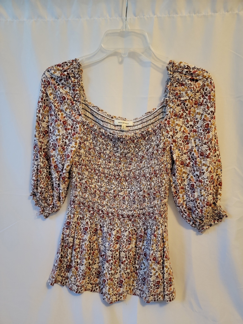 Max Studio Cream Floral Smocked Peplum Top